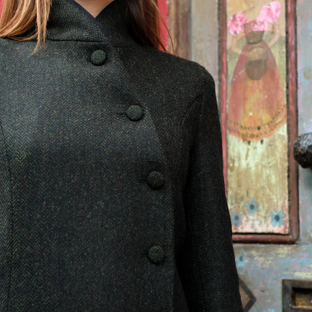 Fitted Asymmetric Tweed Coat in Dark Green Herringbone - Image 4