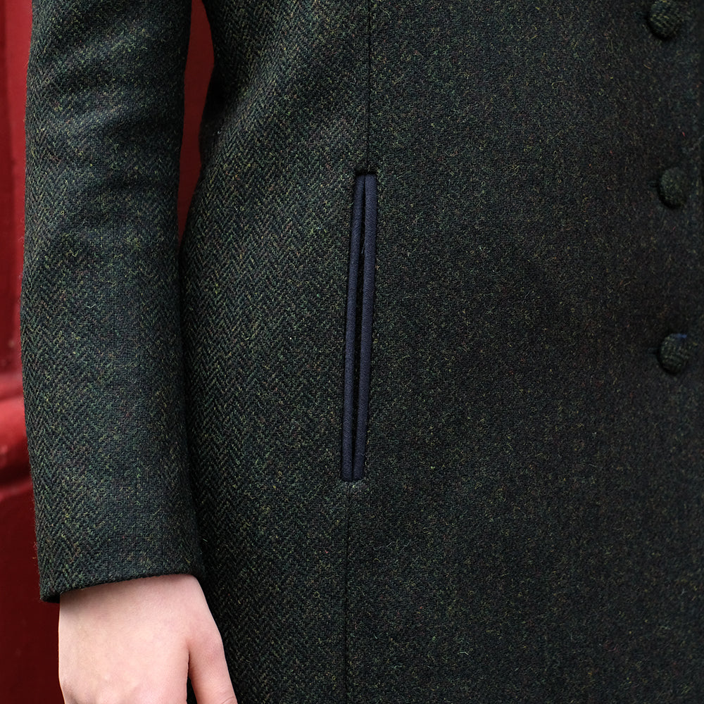 Fitted Asymmetric Tweed Coat in Dark Green Herringbone - Image 5
