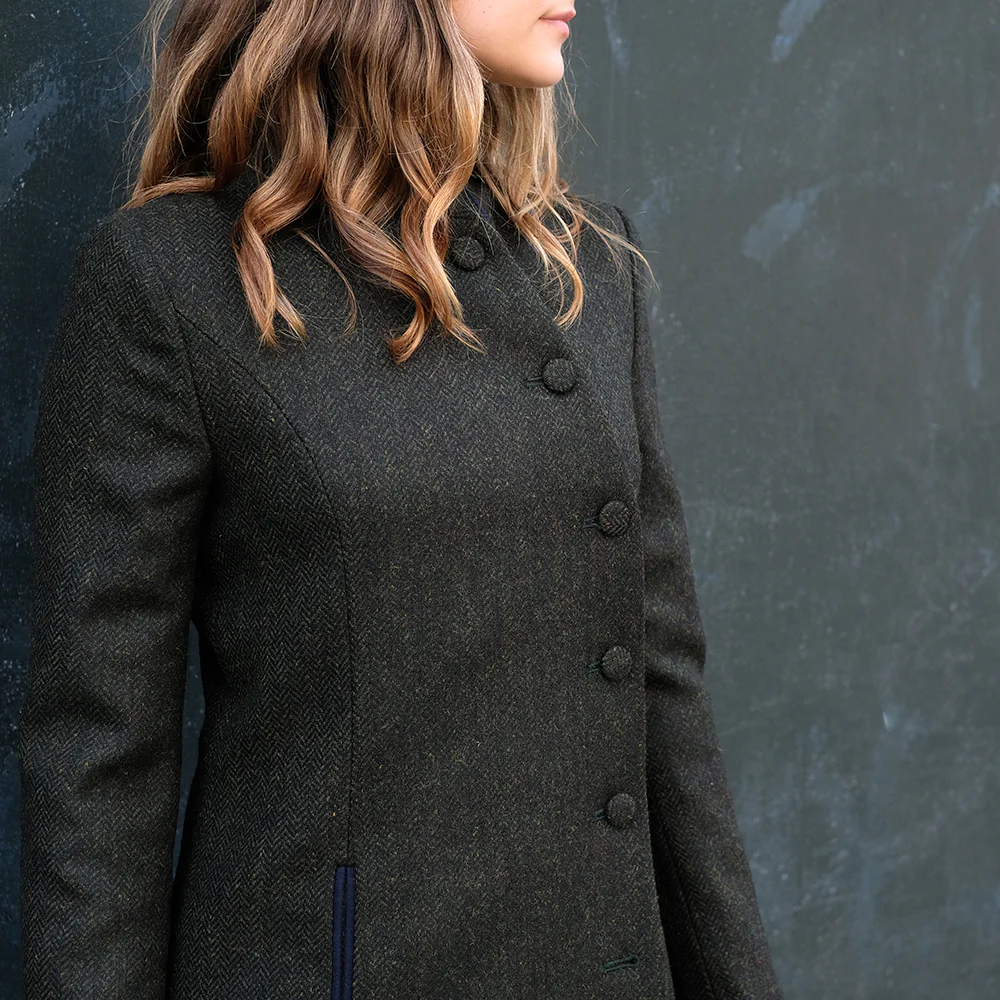 Fitted Asymmetric Tweed Coat in Dark Green Herringbone - Image 6