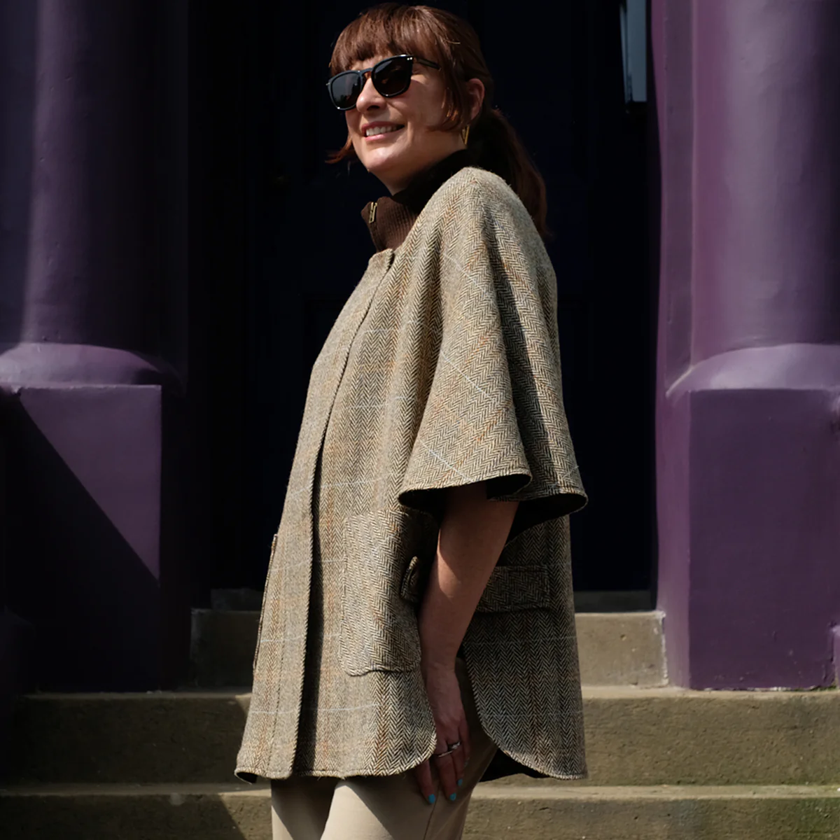 Harris Tweed Zip Cape in Beige Herringbone - Image 3