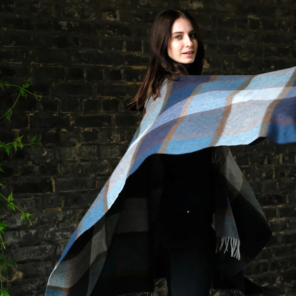 Lambswool Poncho in Blue Block Check - Image 3