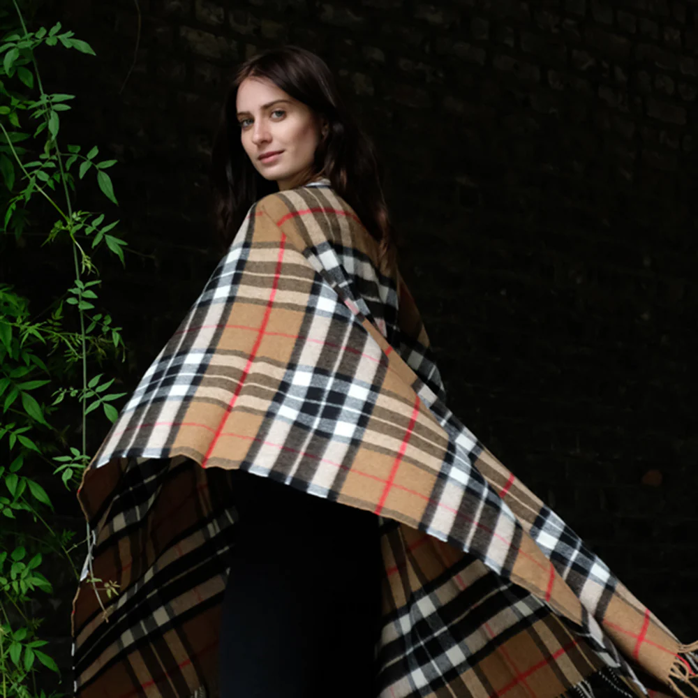 Lambswool Poncho in Camel Thompson Tartan - Image 3