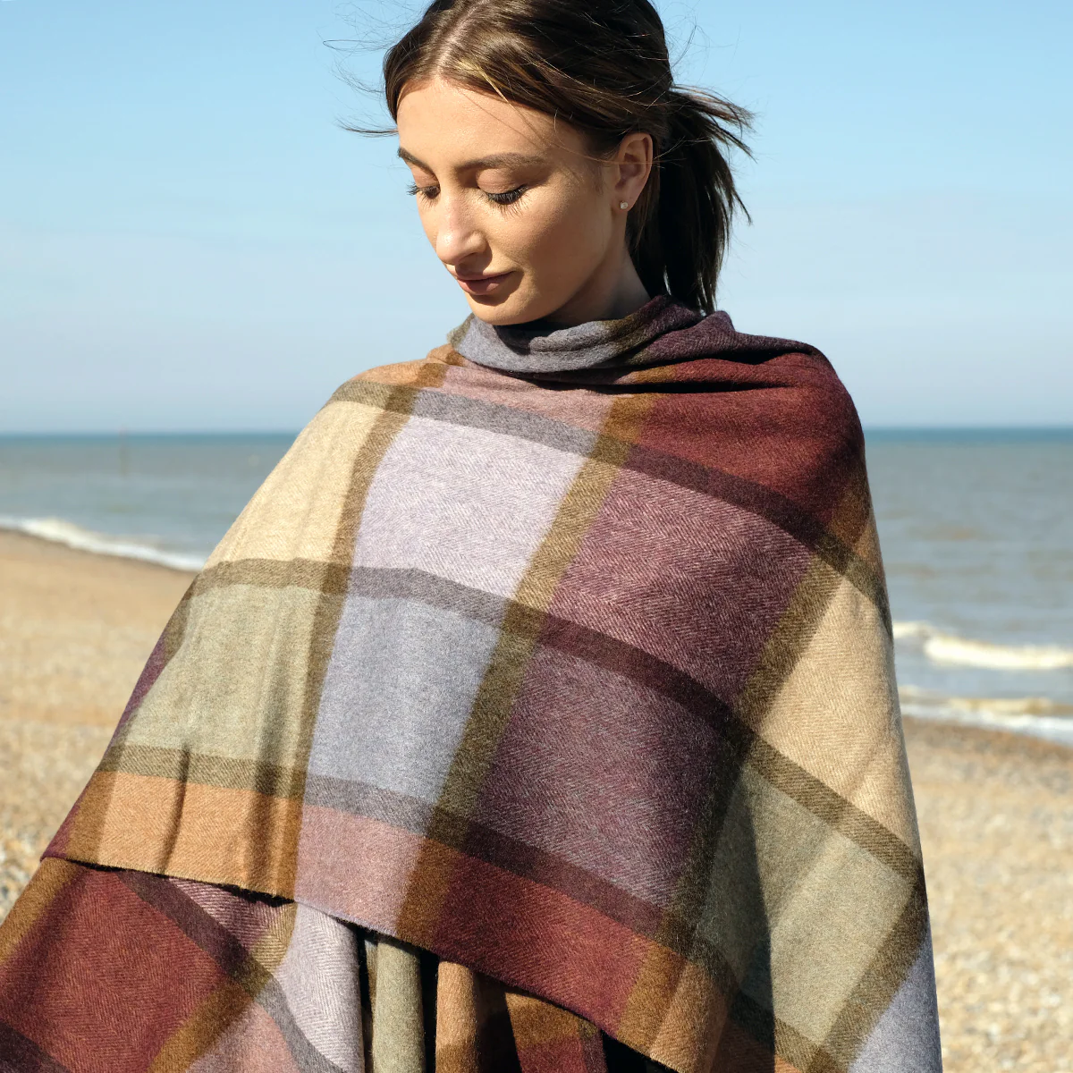 Lambswool Poncho in Purple and Green Block Check - Image 4