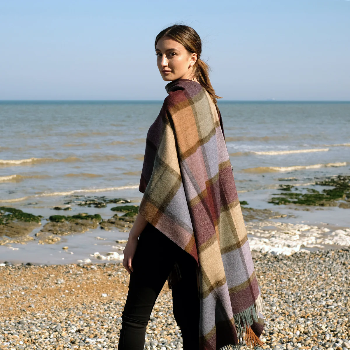 Lambswool Poncho in Purple and Green Block Check - Image 5