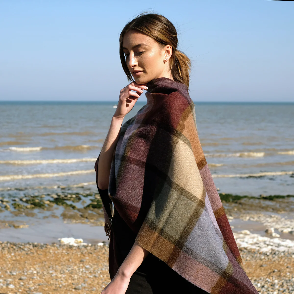 Lambswool Poncho in Purple and Green Block Check - Image 6