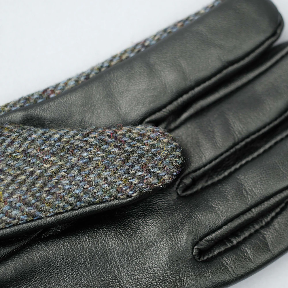Grey Harris Tweed & Black Leather Mens Gloves - Image 4