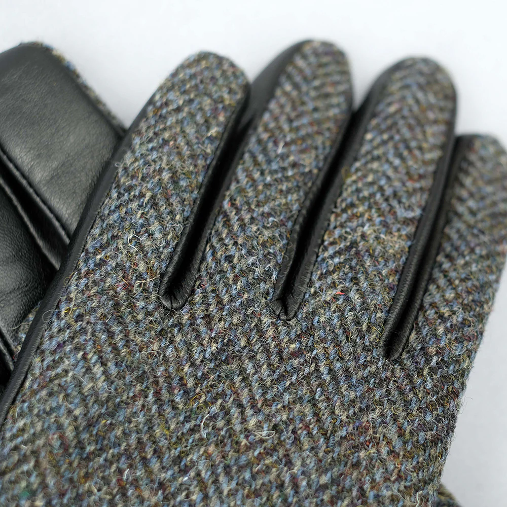 Grey Harris Tweed & Black Leather Mens Gloves - Image 5