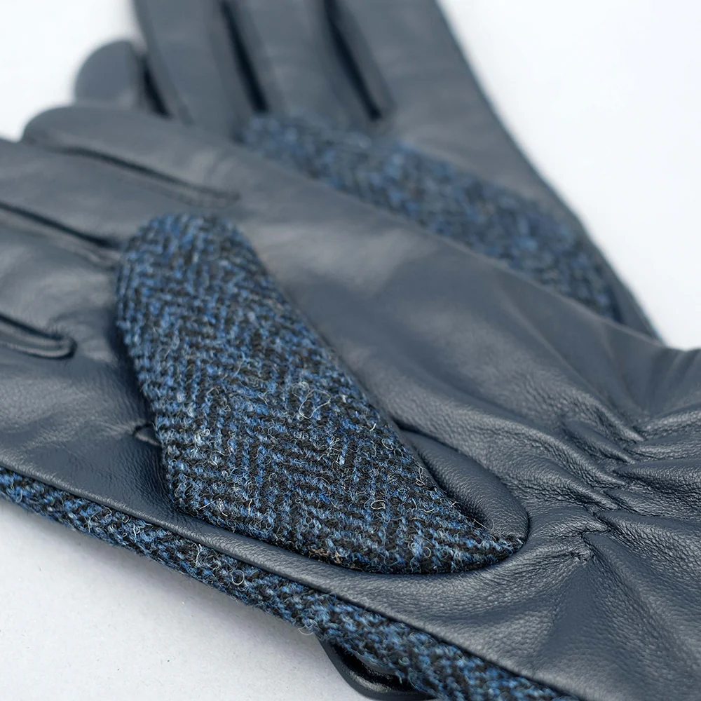Navy Harris Tweed & Leather Mens Gloves - Image 4