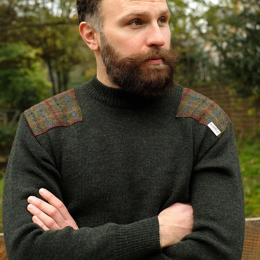 Military style jumper with Harris Tweed shoulder patches in dark green - Image 3