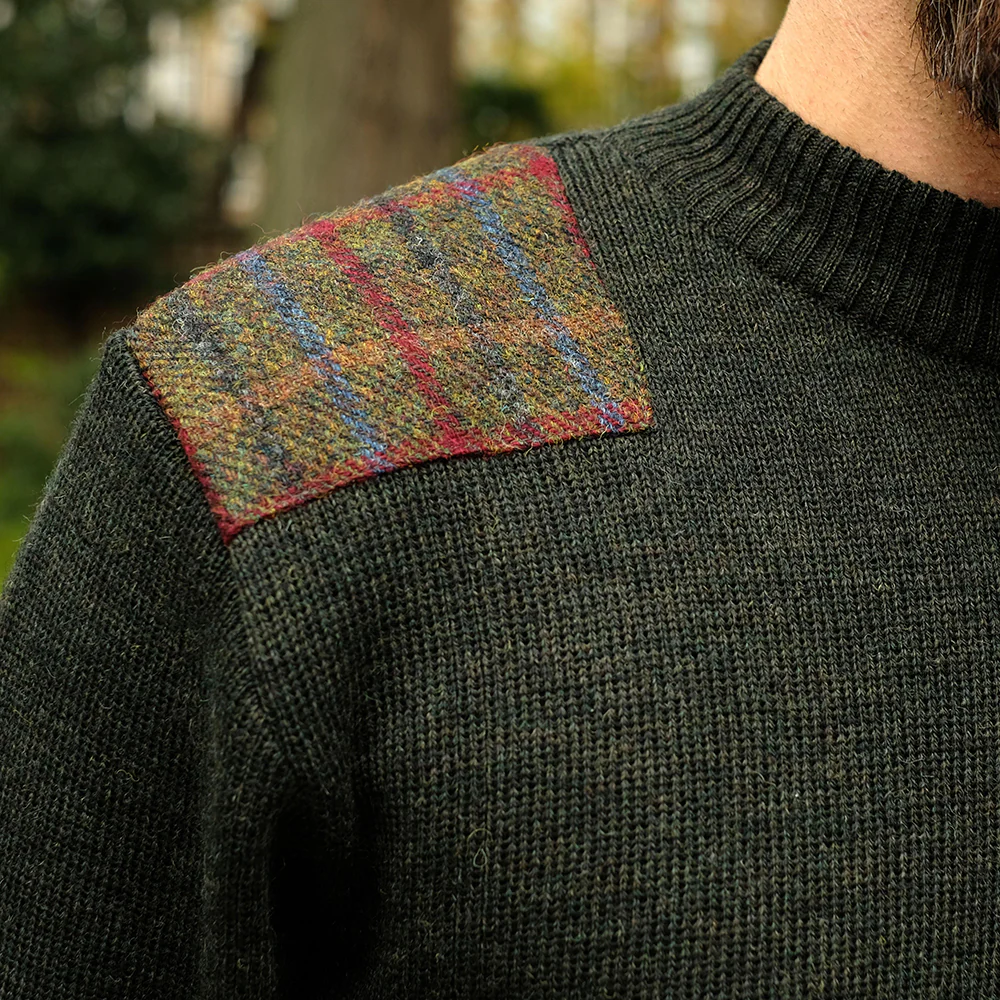Military style jumper with Harris Tweed shoulder patches in dark green - Image 5