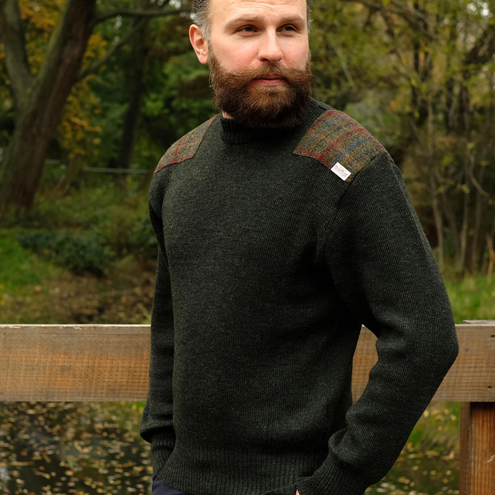 Military style jumper with Harris Tweed shoulder patches in dark green - Image 6