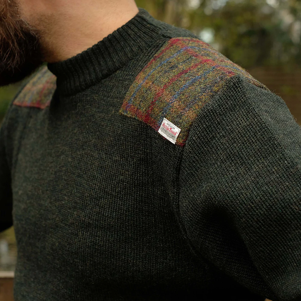 Military style jumper with Harris Tweed shoulder patches in dark green - Image 7