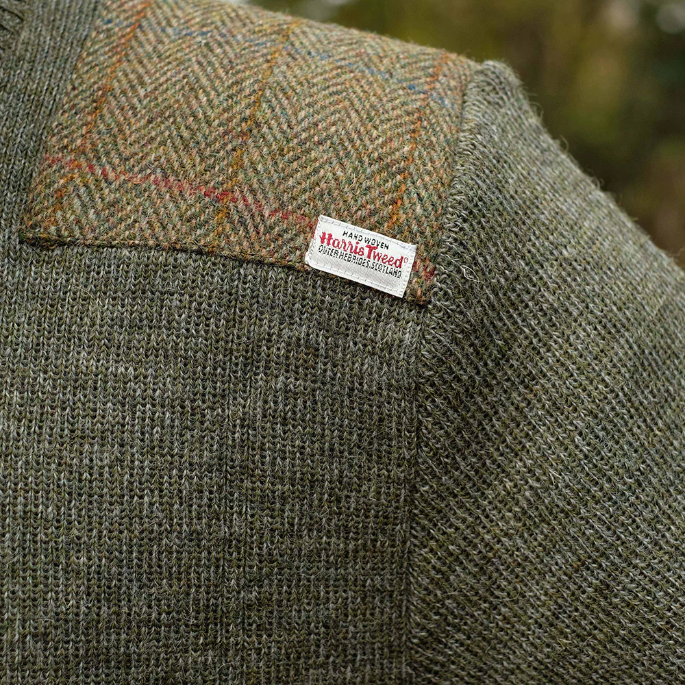 Military style jumper with Harris Tweed shoulder patches in light green - Image 5