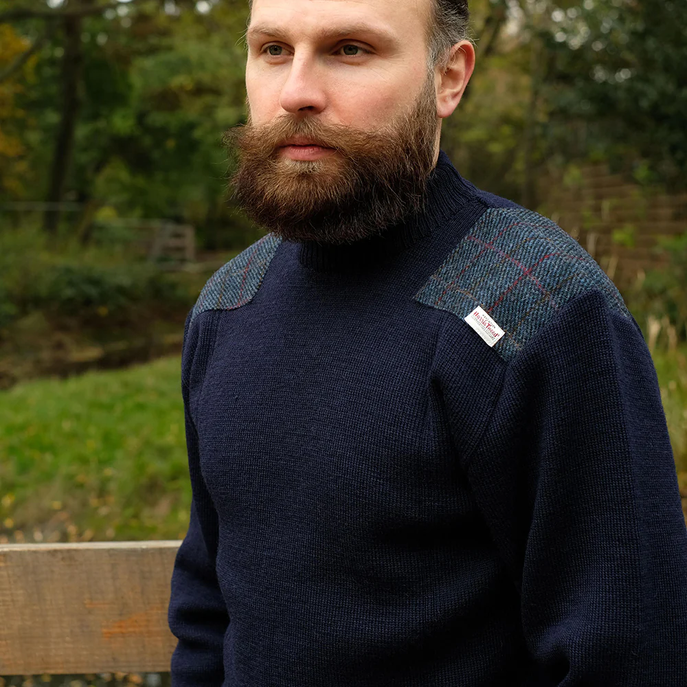Military style jumper with Harris Tweed shoulder patches in navy - Image 3