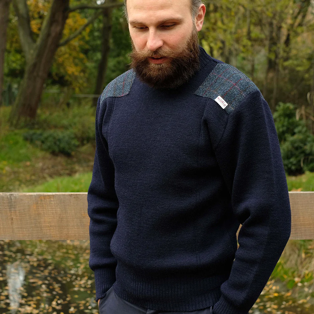 Military style jumper with Harris Tweed shoulder patches in navy - Image 4