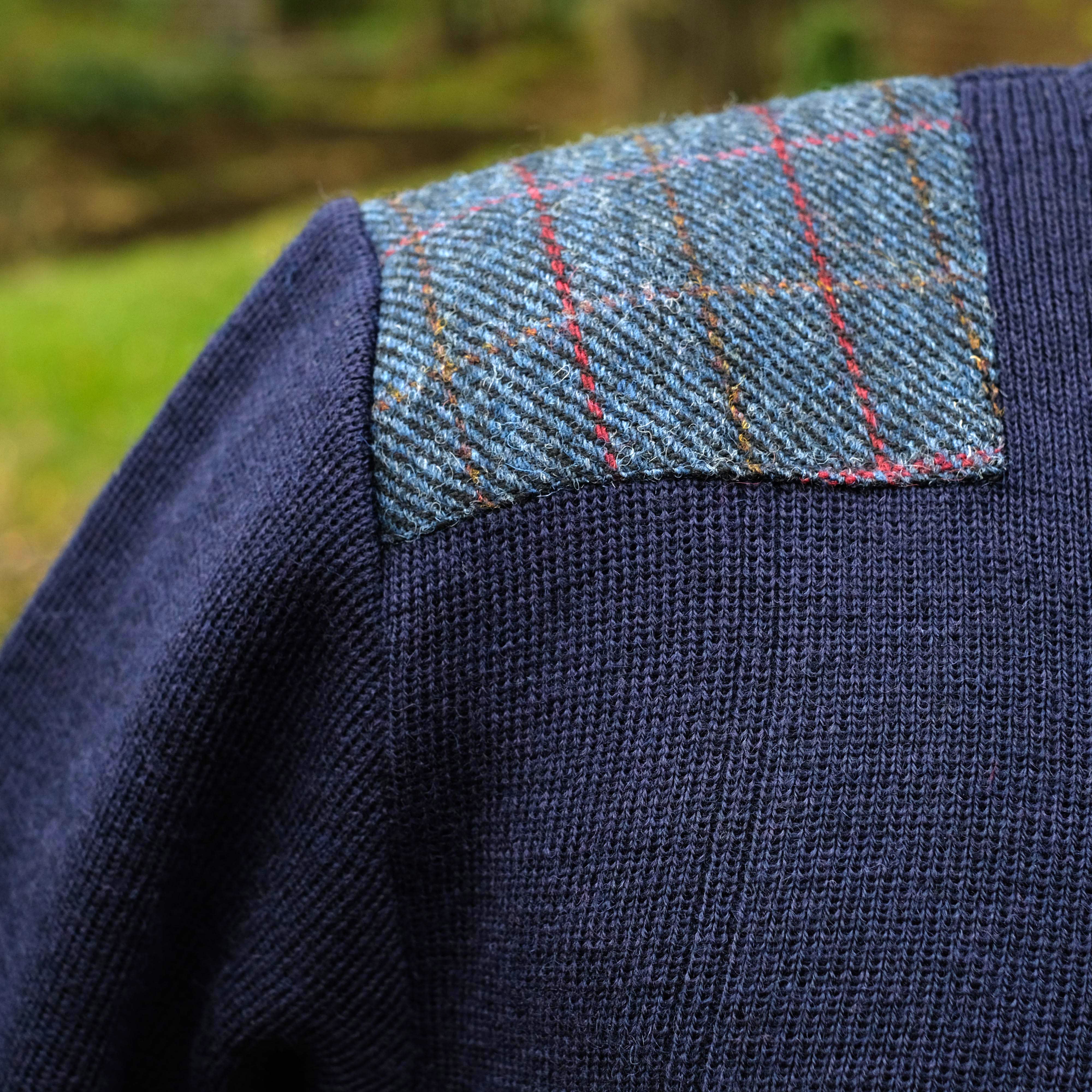 Military style jumper with Harris Tweed shoulder patches in navy - Image 6