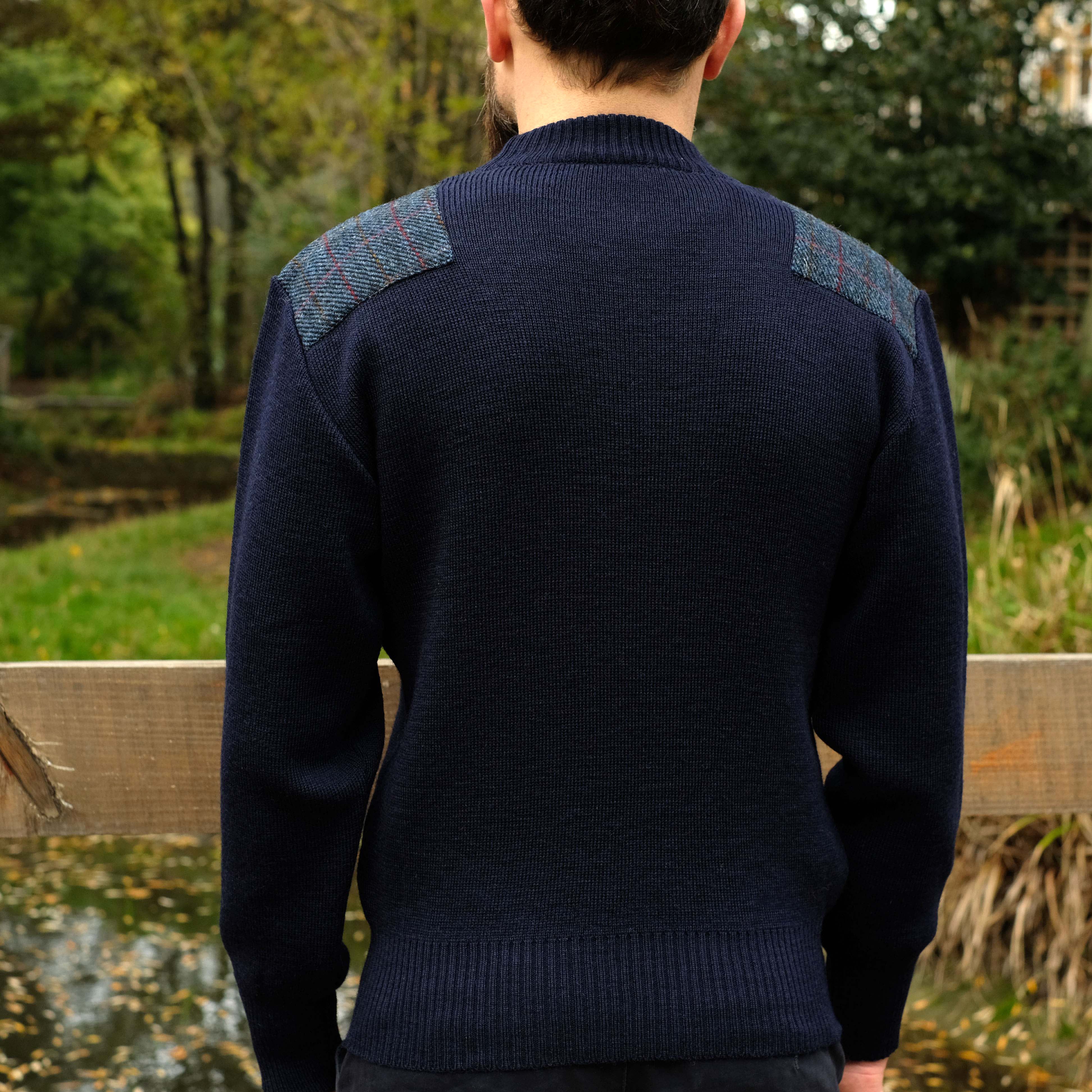 Military style jumper with Harris Tweed shoulder patches in navy - Image 7