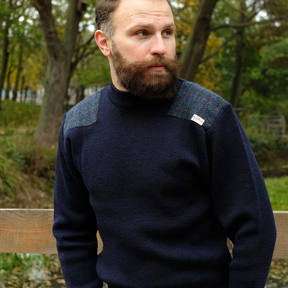 Military style jumper with Harris Tweed shoulder patches in navy - Image 8