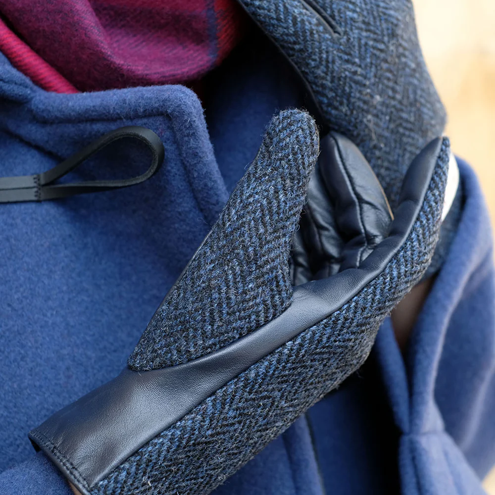 Navy Harris Tweed and Leather Womens Gloves - Image 4