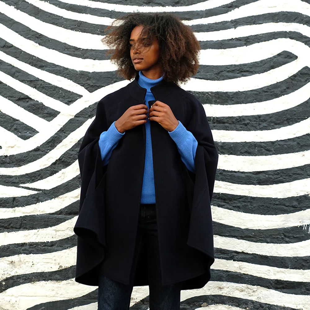 Wool and Cashmere Cape in Navy - Image 3