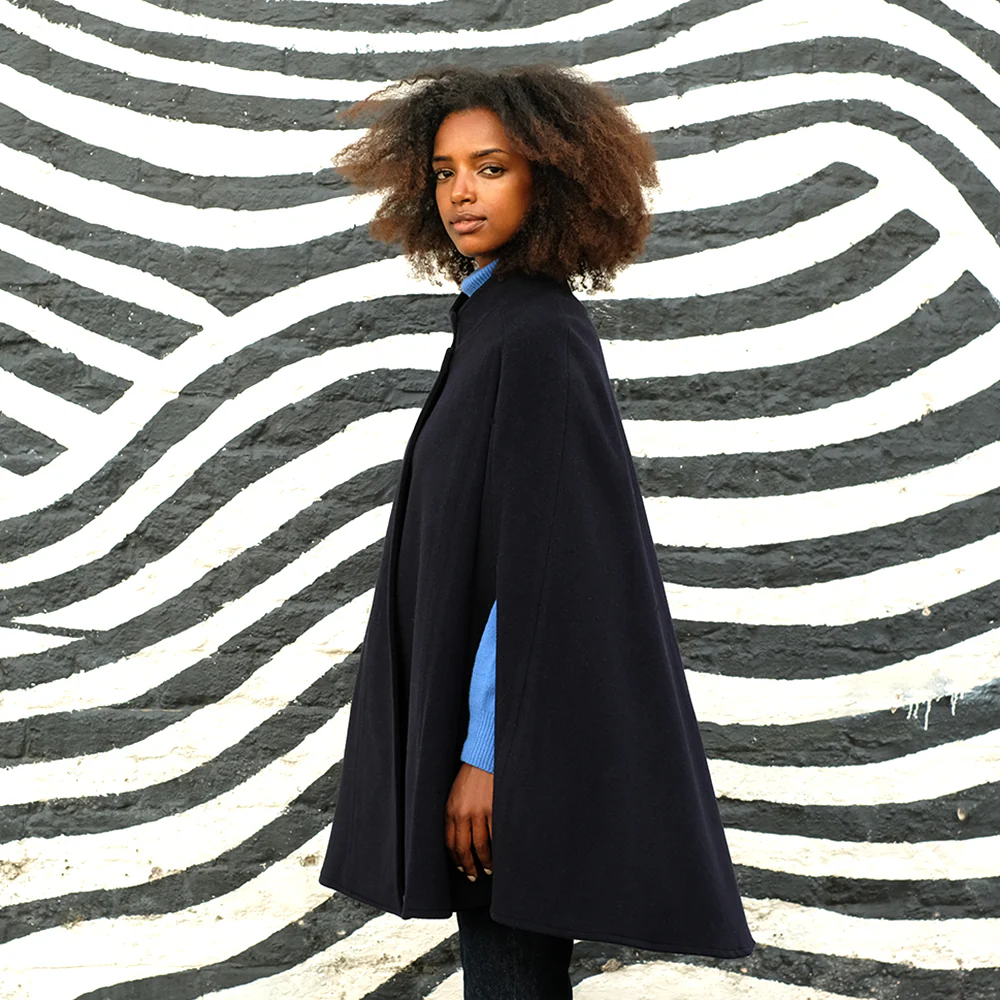 Wool and Cashmere Cape in Navy - Image 4