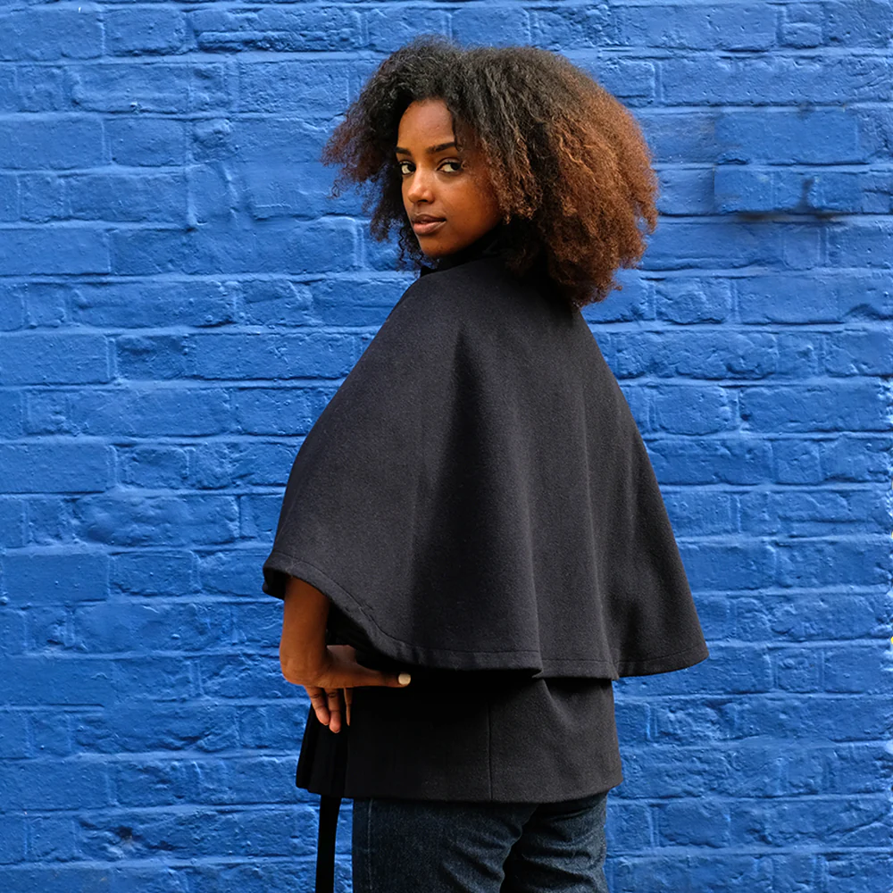 Wool and Cashmere Cape in Navy with Black Watch trimmings - Image 3